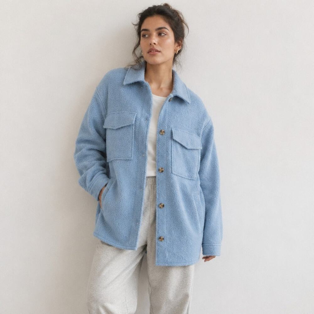H&M HM Light Blue Teddy Shacket Button Oversized Shirt Jacket, size S